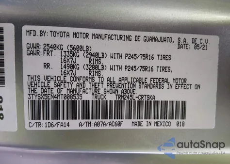 2021 Toyota Tacoma Sr from USA, damaged, VIN 3TYSX5EN4MT008535